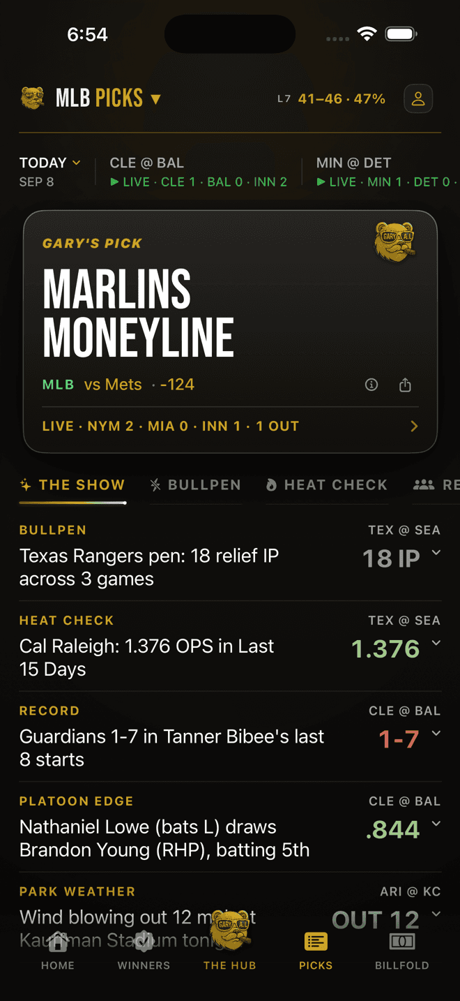 The Picks tab: today's games in the carousel, one pick card per game